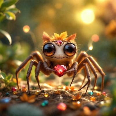 The primary subject of the image is a small, cute, and colorful spider with a red jewel in its web. The spider is sitting on a rock, surrounded by a variety of colorful gems and flowers. The setting appears to be a forest or a similar natural environment, with the spider's web and the gems creating a visually appealing and whimsical scene. The visual style of the image is a combination of photo and digital art, with the spider and its web being depicted